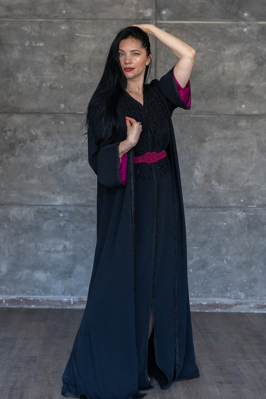 2 Pieces Embellished Black Caftan with Magenta Accents