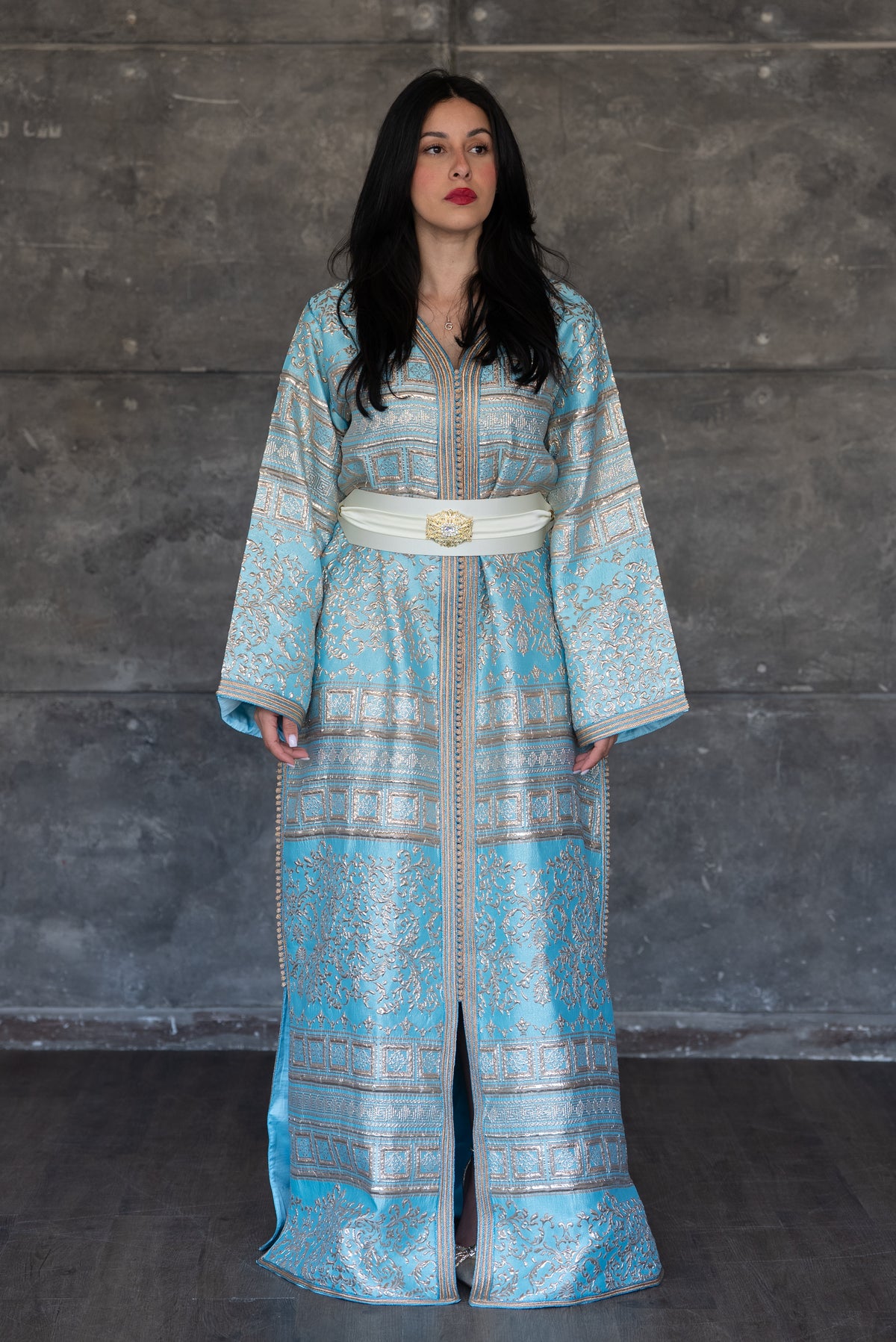 Sky Blue Brocade Caftan With Gold Accents