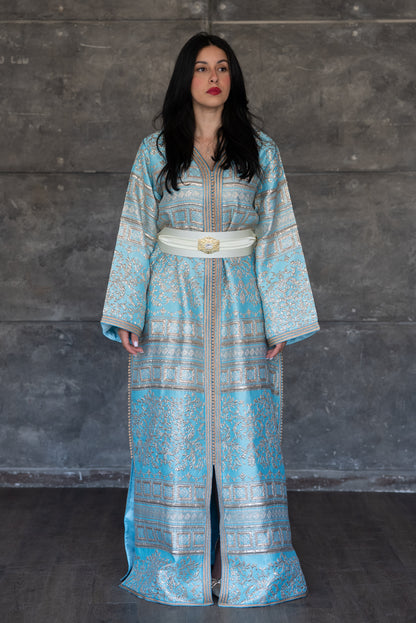 Sky Blue Brocade Caftan With Gold Accents