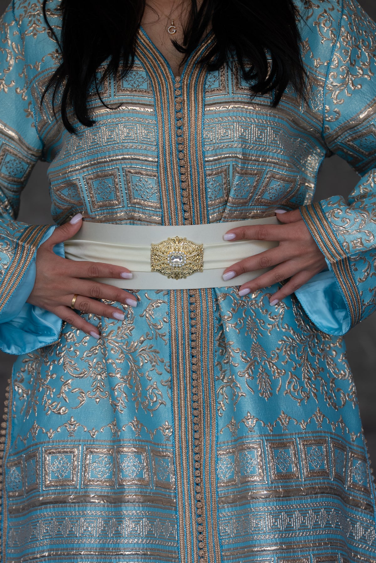 Sky Blue Brocade Caftan With Gold Accents