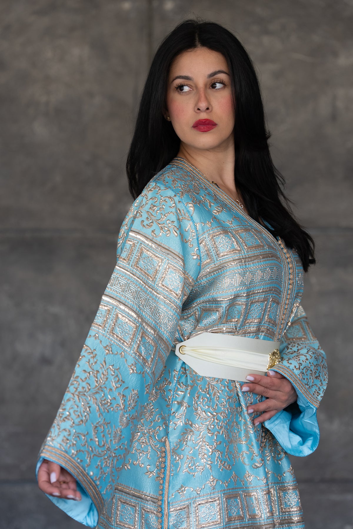 Sky Blue Brocade Caftan With Gold Accents