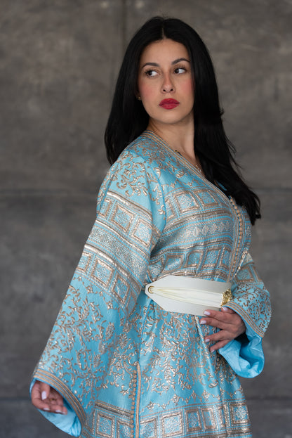 Sky Blue Brocade Caftan With Gold Accents