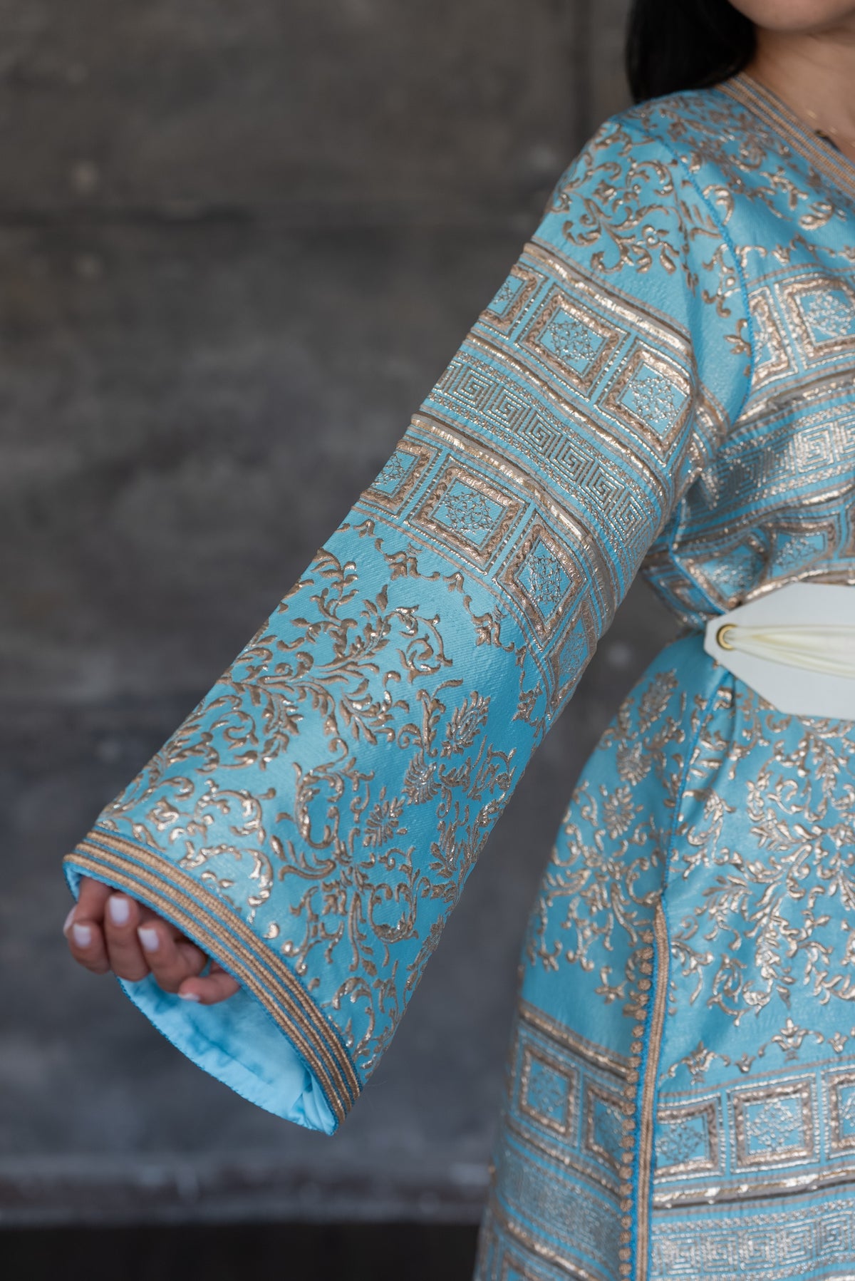 Sky Blue Brocade Caftan With Gold Accents