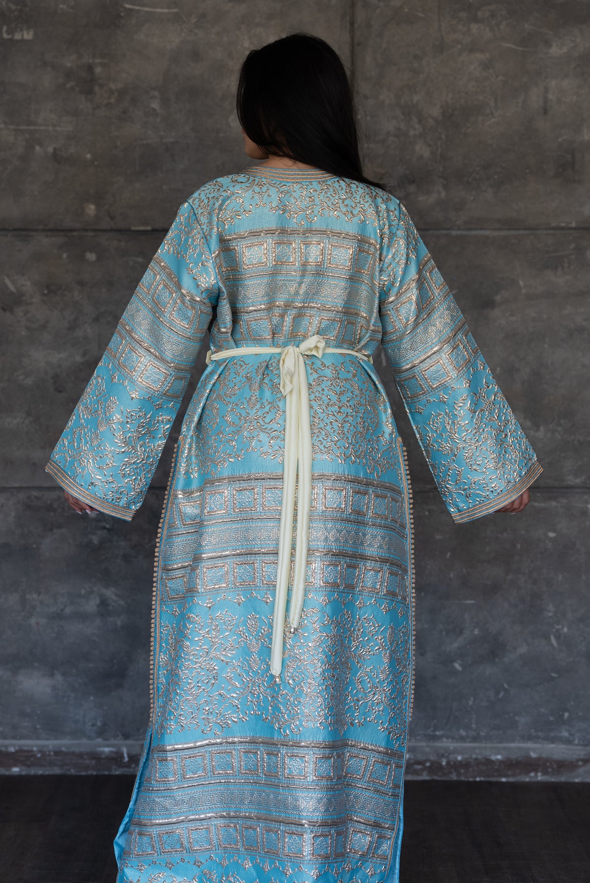 Sky Blue Brocade Caftan With Gold Accents