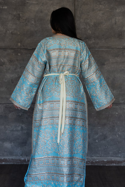 Sky Blue Brocade Caftan With Gold Accents
