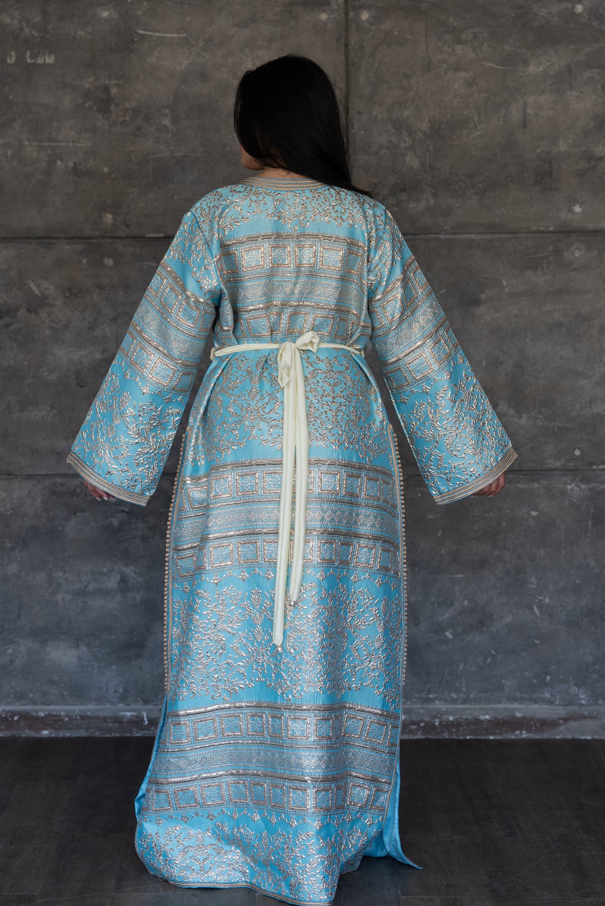 Sky Blue Brocade Caftan With Gold Accents