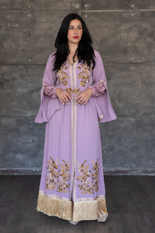 Lavender Embroidered Caftan with Gold Fringe Hem  Description: