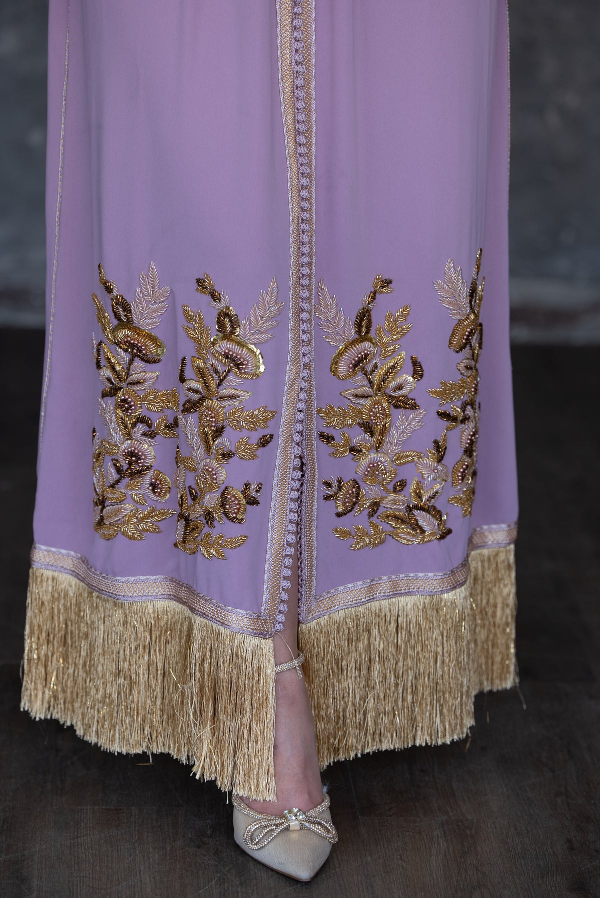 Lavender Floral Embroidered Kaftan with Gold Fringe Hem