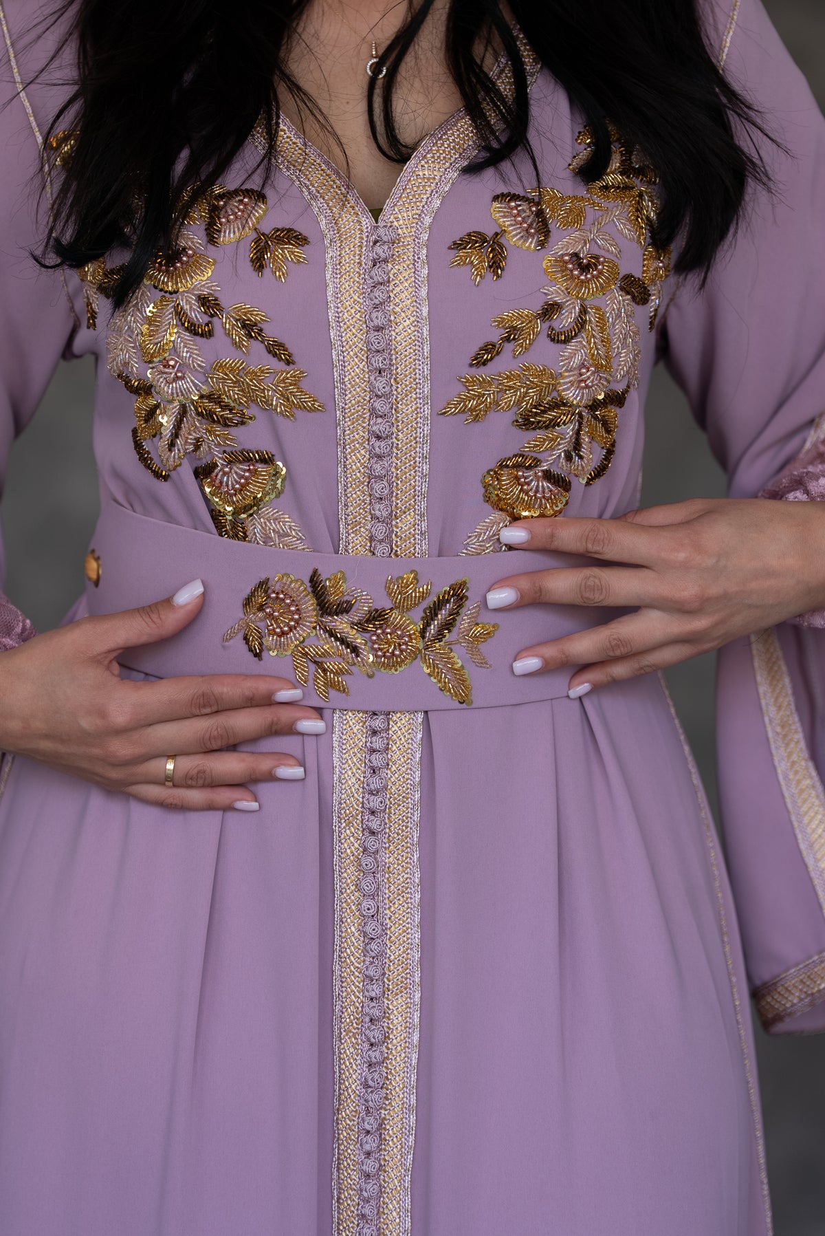 Lavender Floral Embroidered Kaftan with Gold Fringe Hem