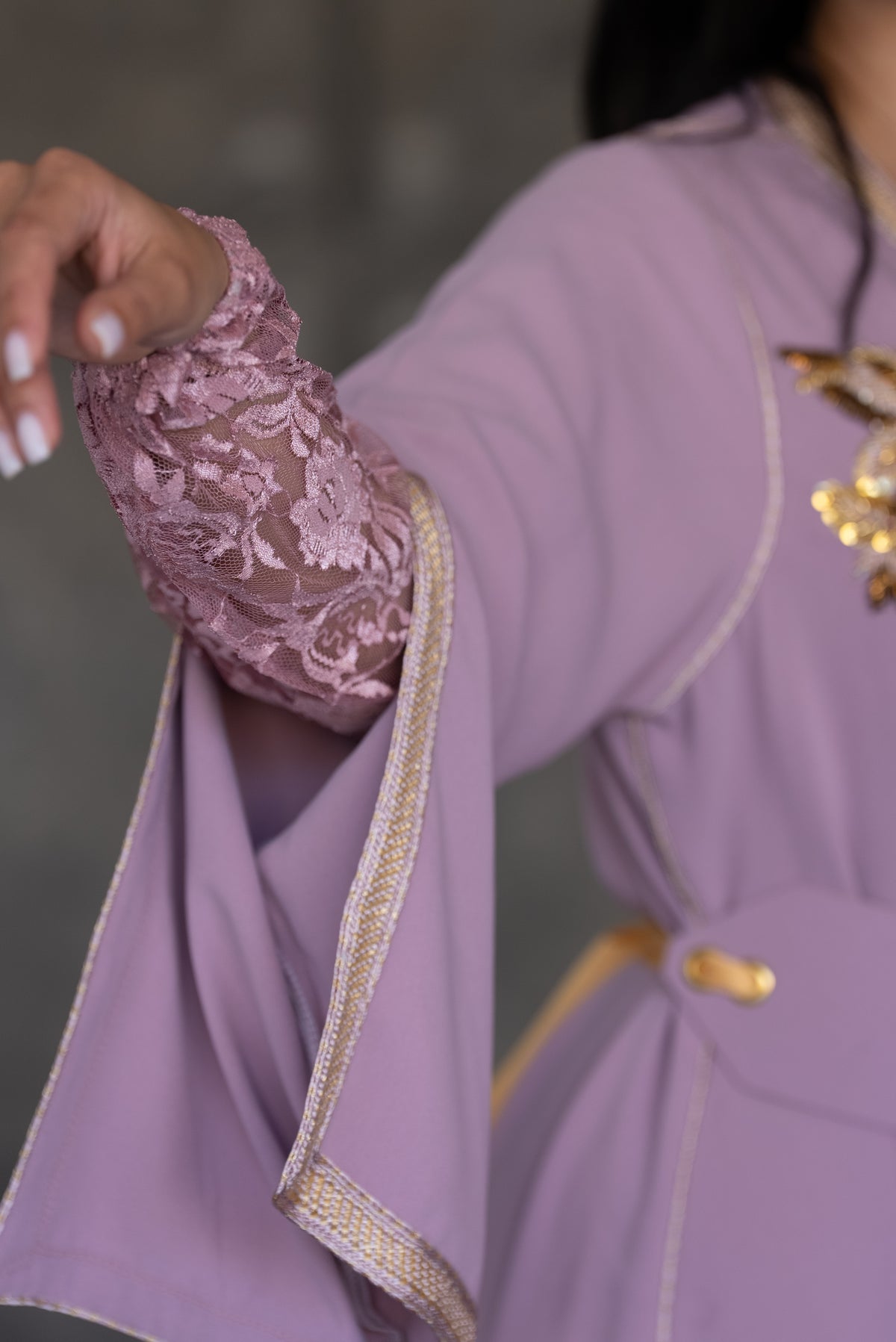 Lavender Floral Embroidered Kaftan with Gold Fringe Hem