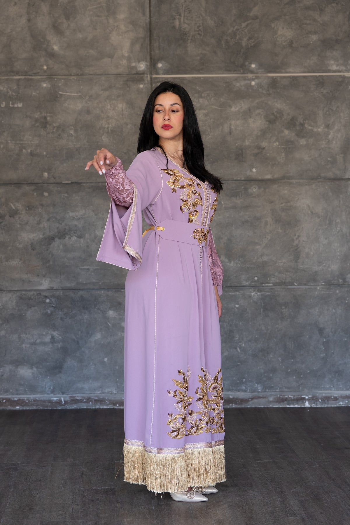 Lavender Floral Embroidered Kaftan with Gold Fringe Hem
