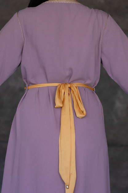 Lavender Floral Embroidered Kaftan with Gold Fringe Hem