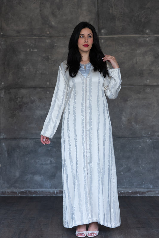 2 Pieces Ivory & Silver Striped Satin Djelaba