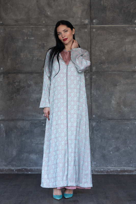 2 Pieces Icy Blue and Rose Jacquard Djelaba with Satin Underlay