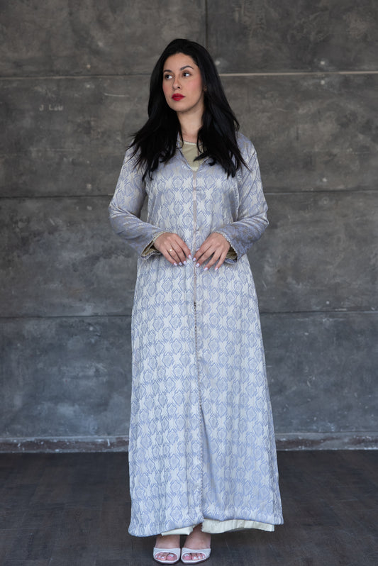 2 Pieces Pearl Grey Jacquard Djelaba with Ivory Satin Lining