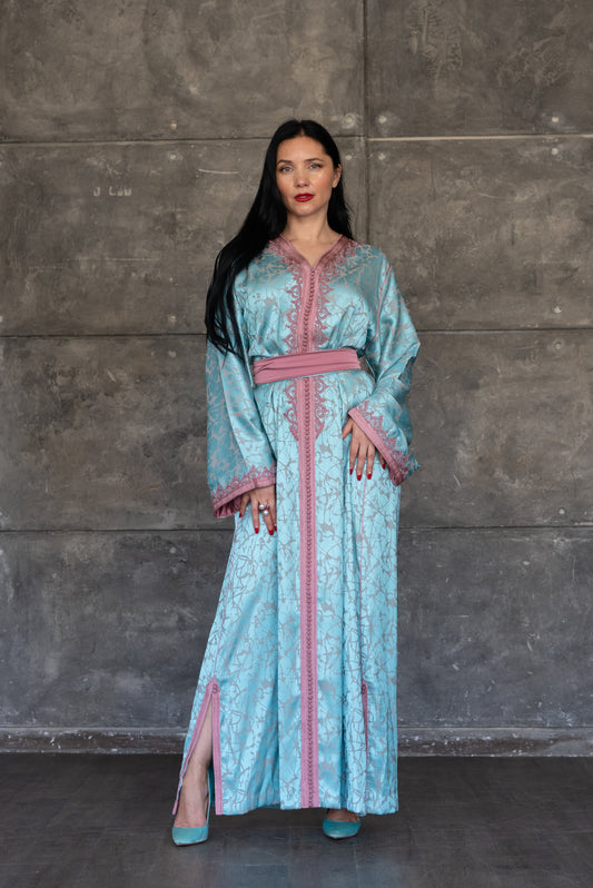 Turquoise Satin Caftan with Rose Trim and Belt