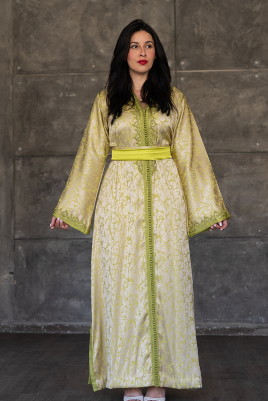 Lime Gold Satin Caftan with Embroidered Trim and Belt
