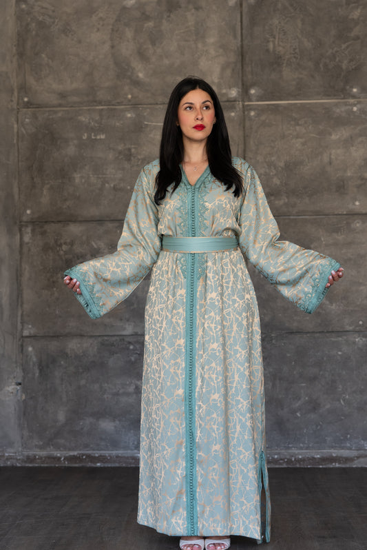 Pistachio Green Caftan with Embroidered Trim and Belt