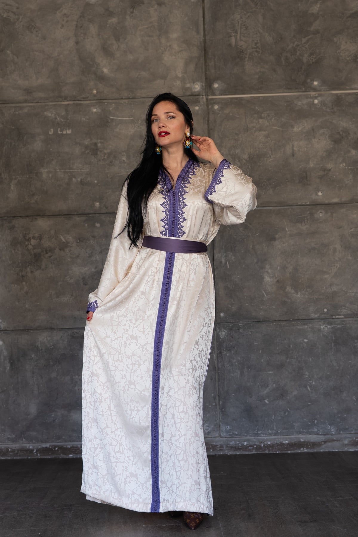 Ivory Satin Caftan With Purple Embroidered Trim And Belt