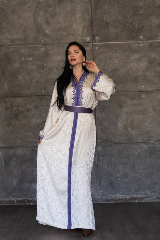 Ivory Satin Caftan with Purple Embroidered Trim and Belt