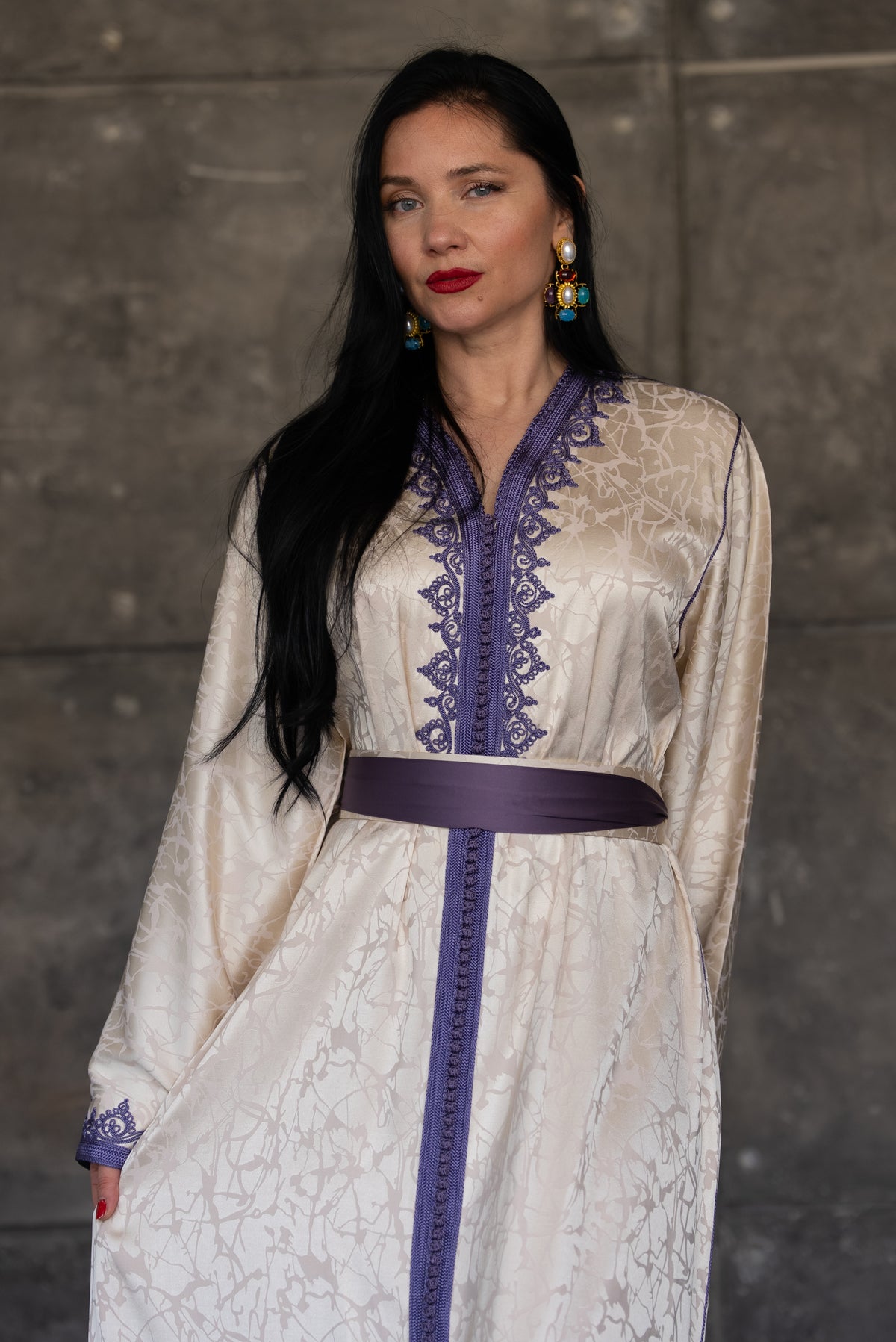 Ivory Satin Caftan With Purple Embroidered Trim And Belt