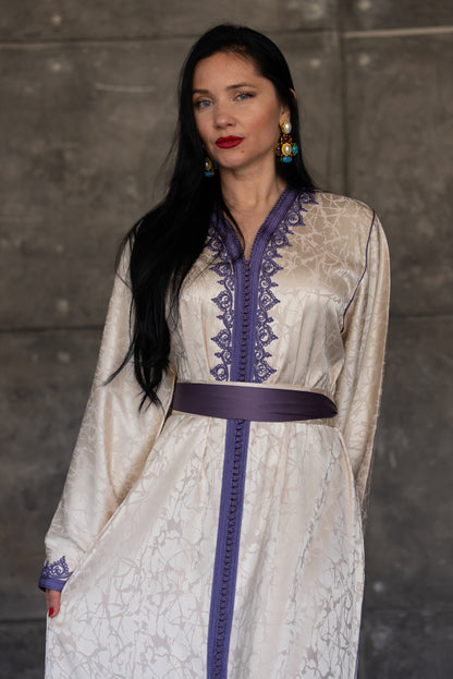 Ivory Satin Caftan With Purple Embroidered Trim And Belt