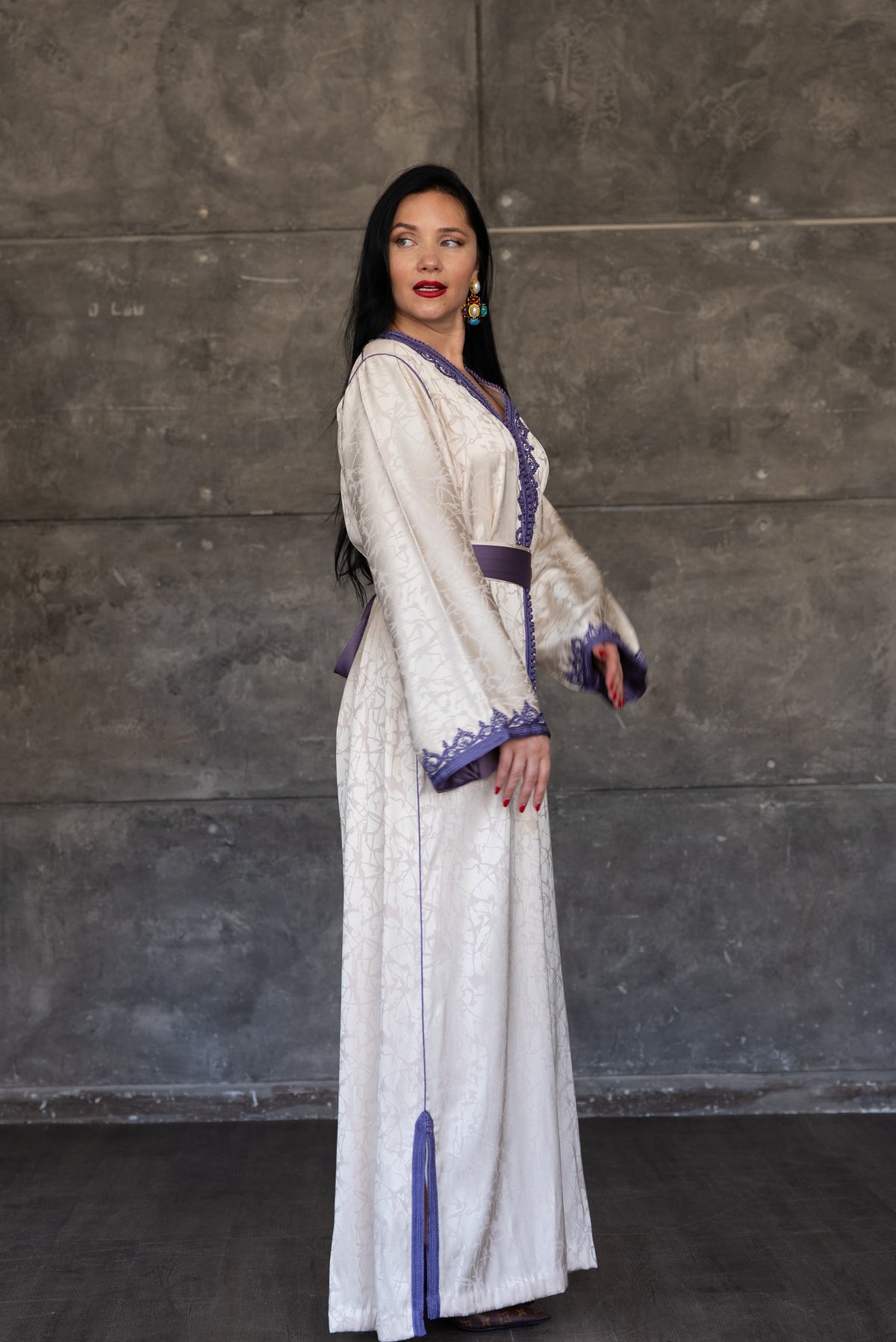 Ivory Satin Caftan With Purple Embroidered Trim And Belt