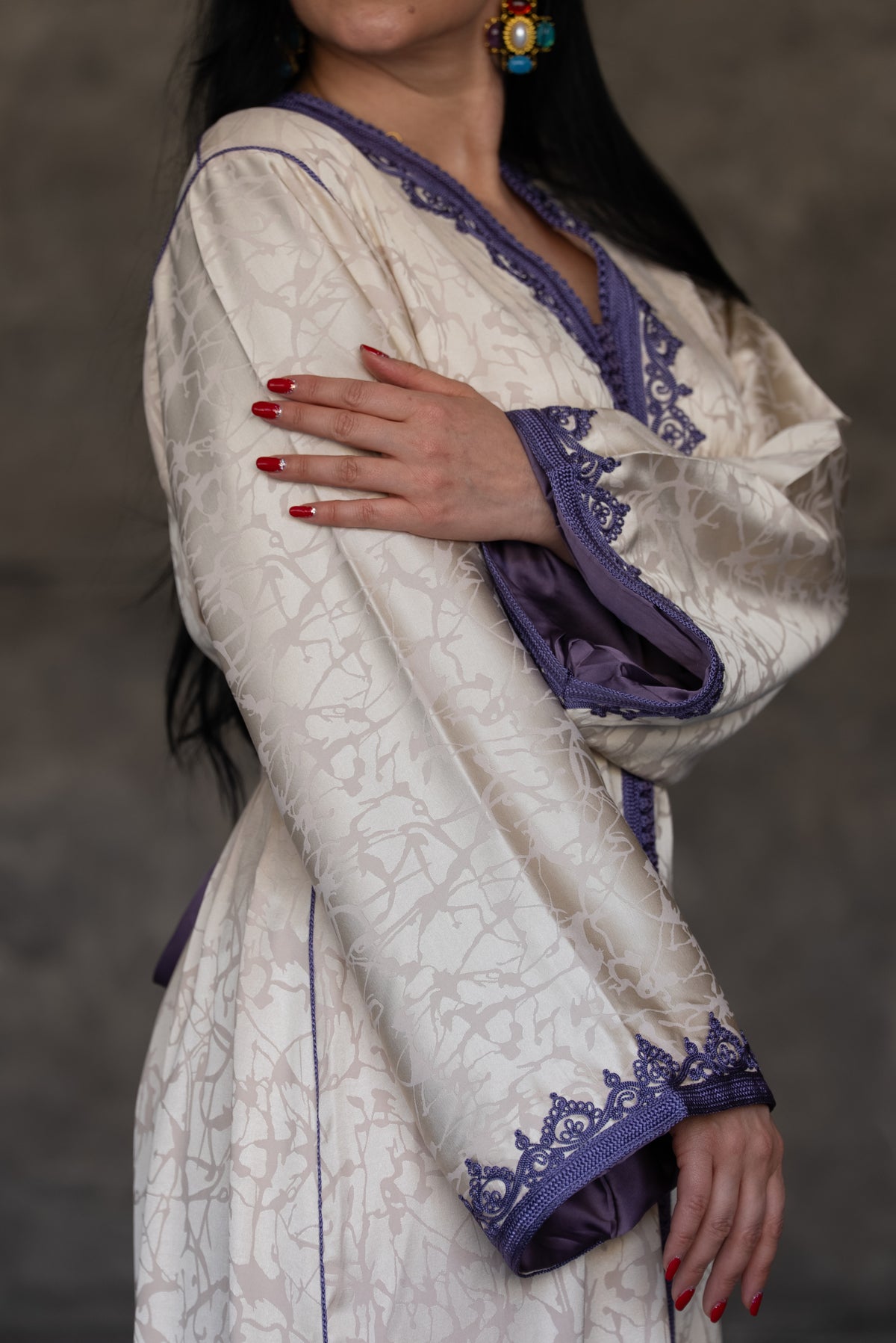 Ivory Satin Caftan With Purple Embroidered Trim And Belt