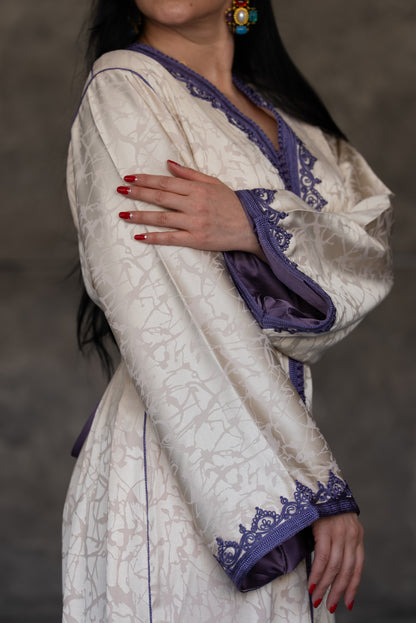 Ivory Satin Caftan With Purple Embroidered Trim And Belt