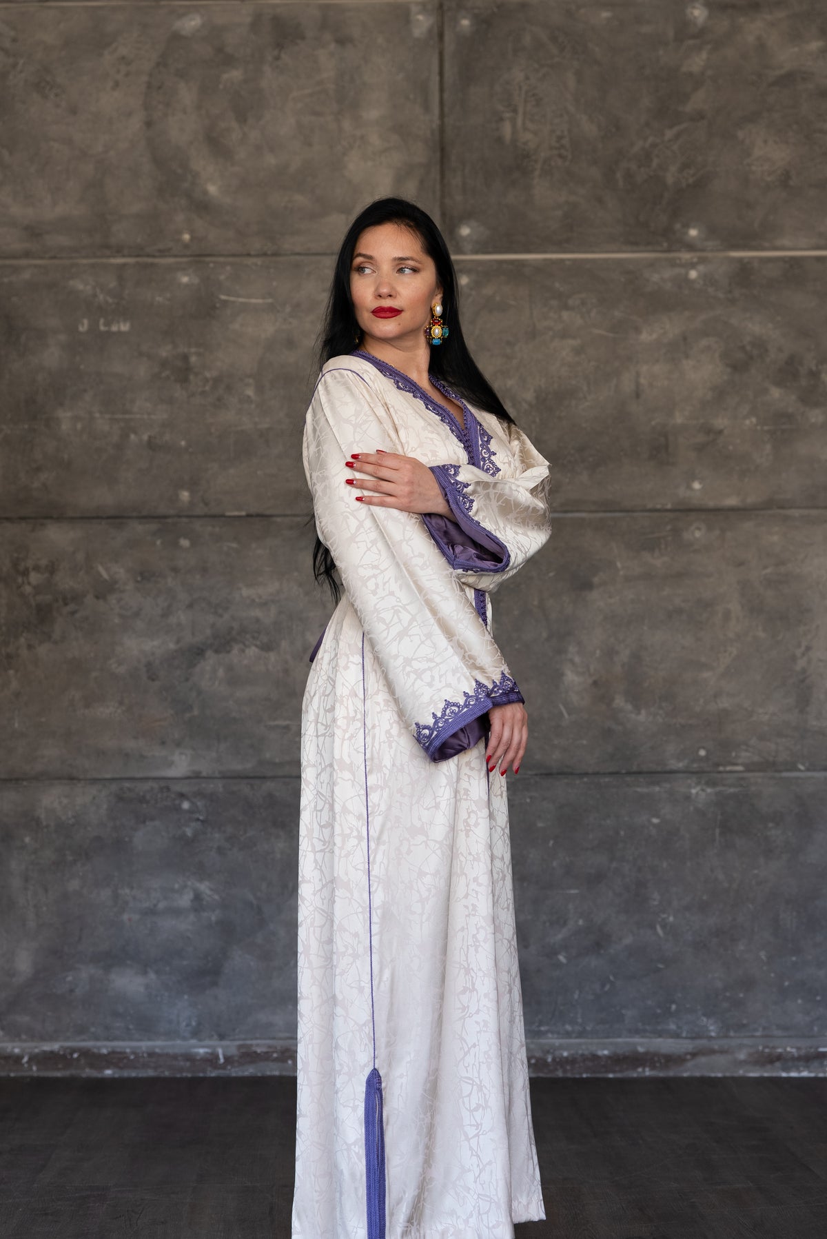 Ivory Satin Caftan With Purple Embroidered Trim And Belt