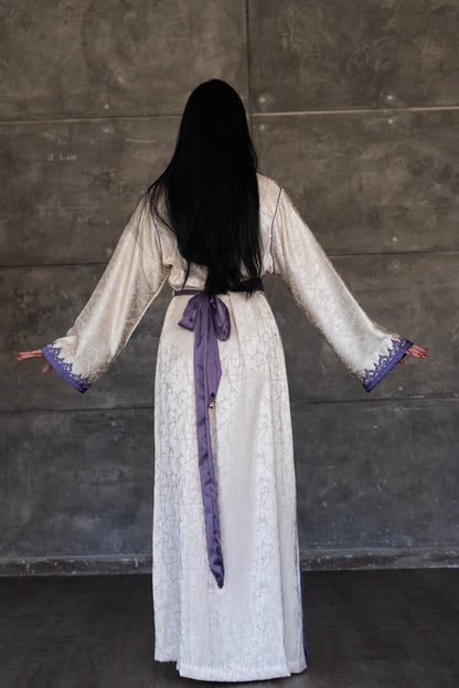 Ivory Satin Caftan With Purple Embroidered Trim And Belt