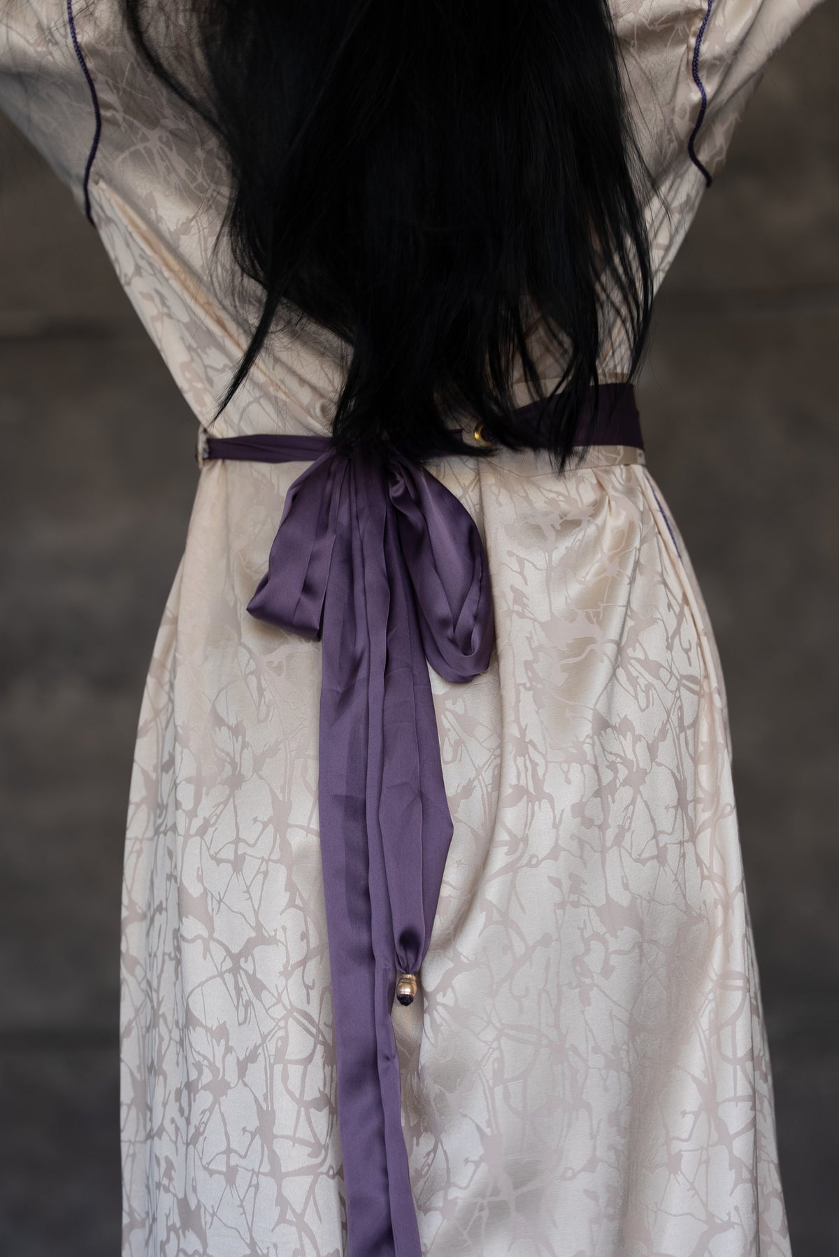 Ivory Satin Caftan With Purple Embroidered Trim And Belt