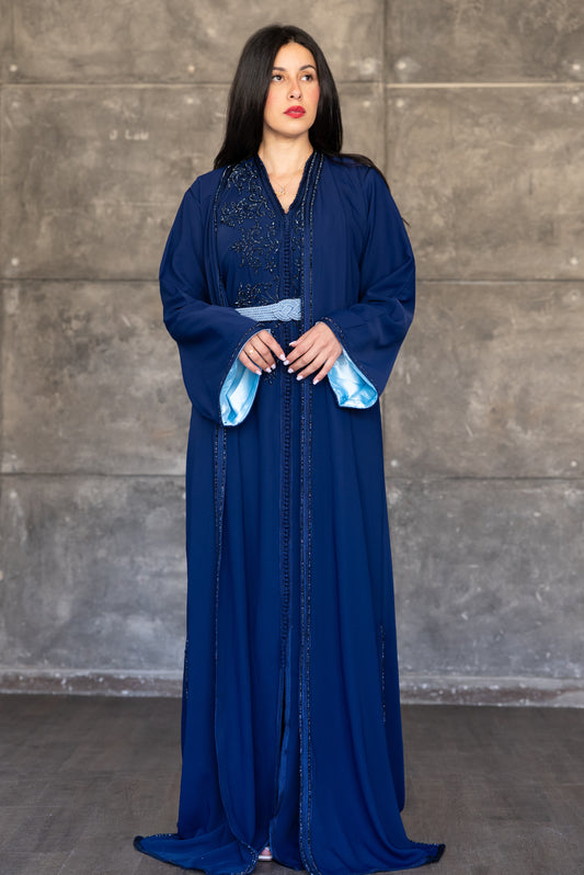 Navy Blue Embellished Caftan with Light Blue Lining and Braided Belt