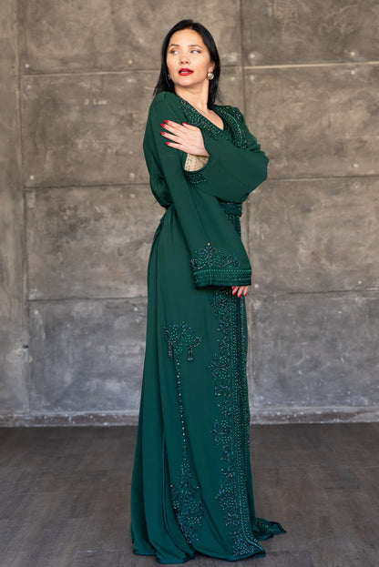 Emerald Green Beaded Double-Layer Caftan