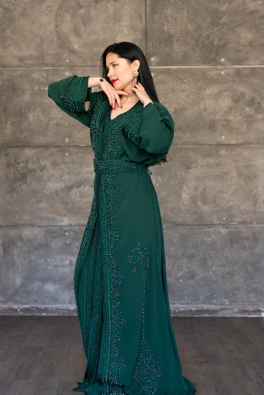 Emerald Green Beaded Double-Layer Caftan
