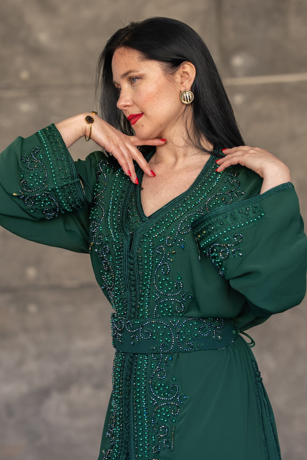 Emerald Green Beaded Double-Layer Caftan