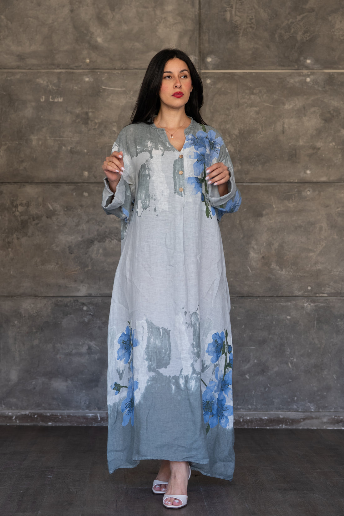 Grey Floral Print Italian Linen Maxi Dress