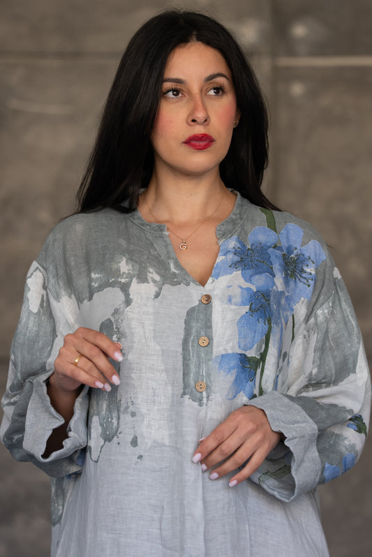 Grey Italian 100%Linen Floral Dress