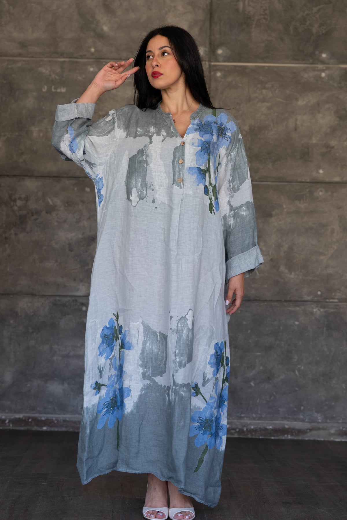 Grey Floral Print Italian Linen Maxi Dress