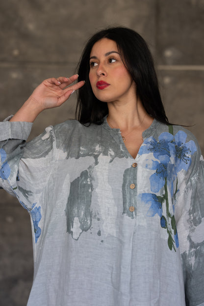 Grey Floral Print Italian Linen Maxi Dress