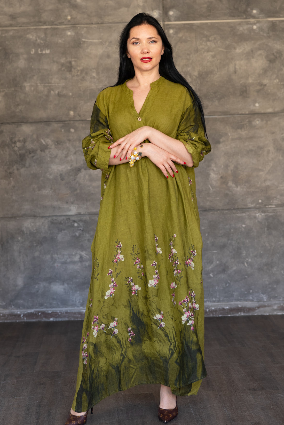 Olive Green Italian 100% Linen Floral Maxi Dress