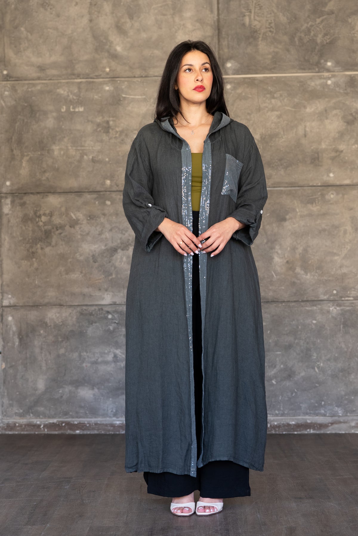 Charcoal Hooded Open Cardigan with Sequin Trim