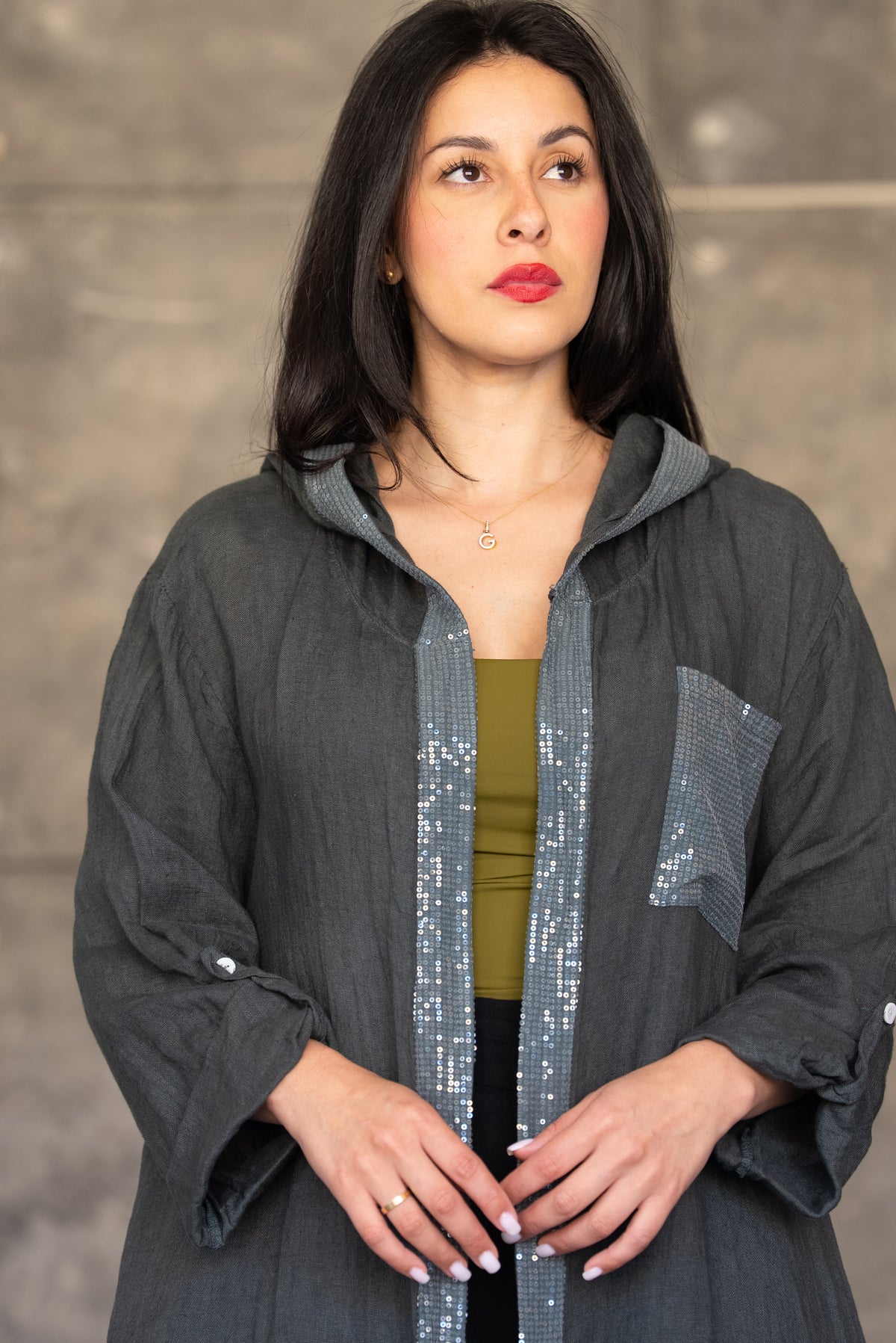 Charcoal Hooded Open Cardigan with Sequin Trim