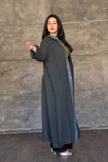 Charcoal Hooded Open Cardigan with Sequin Trim