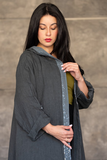 Charcoal Hooded Open Cardigan with Sequin Trim