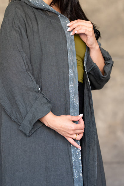 Charcoal Hooded Open Cardigan with Sequin Trim