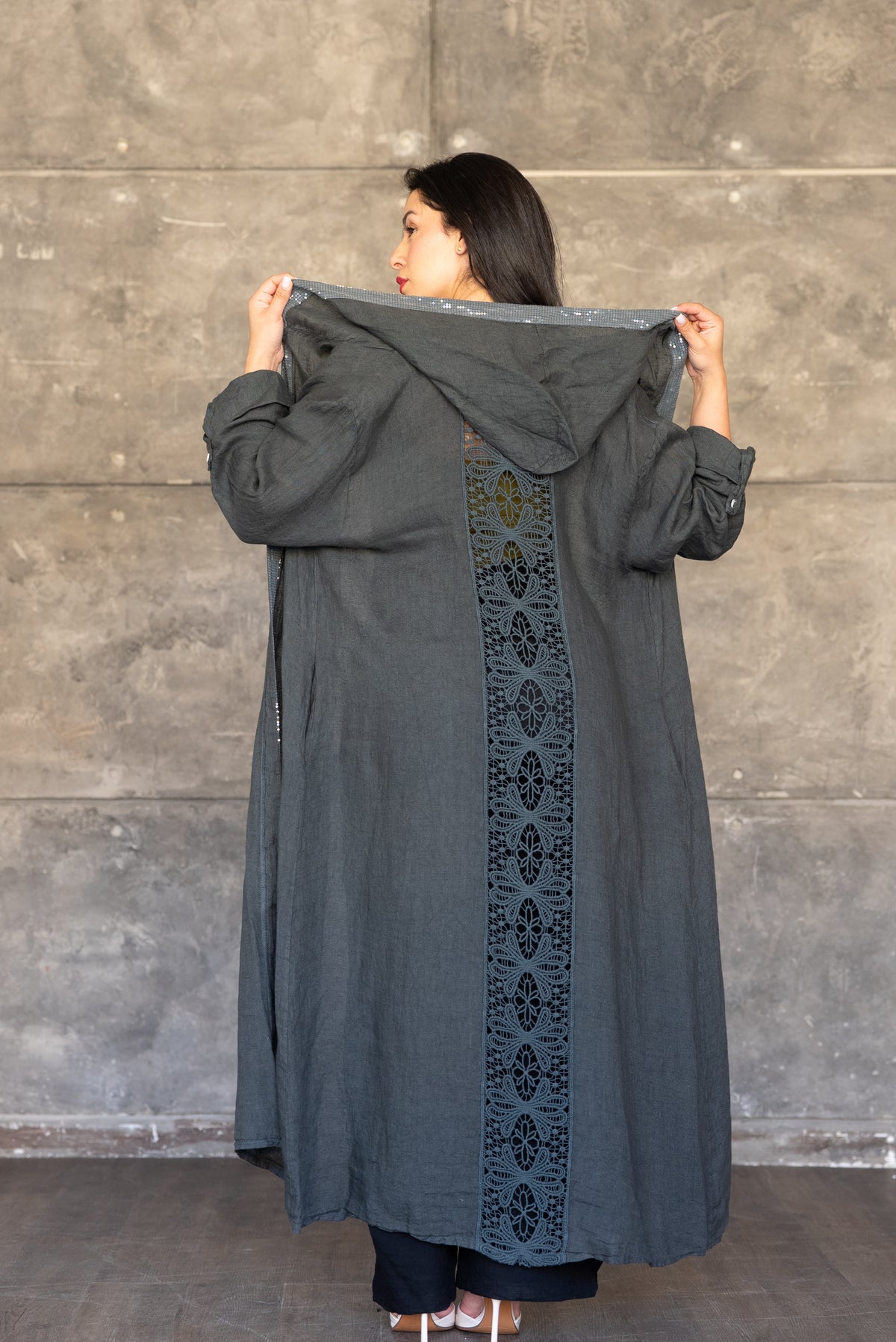 Charcoal Hooded Open Cardigan with Sequin Trim