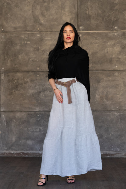 Light Grey Tiered Linen Maxi Skirt