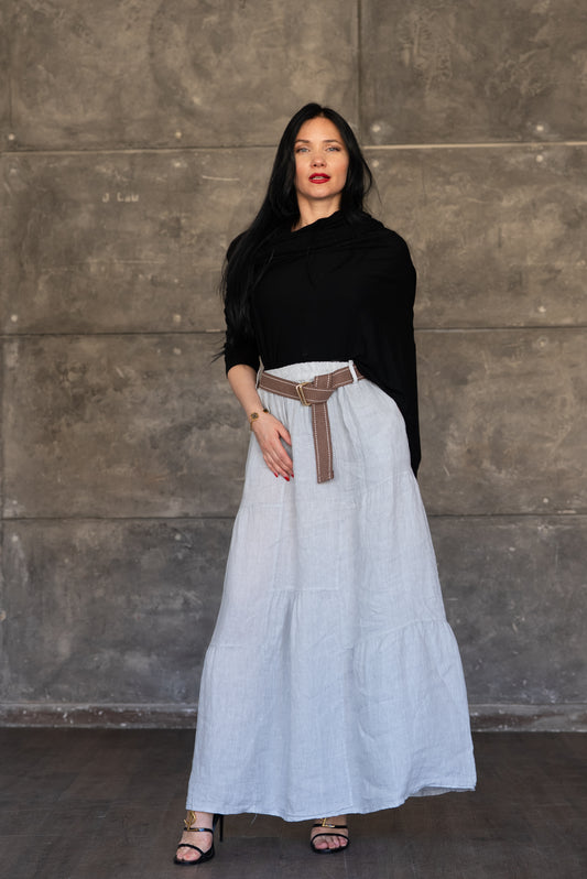 Light Grey Tiered Linen Maxi Skirt