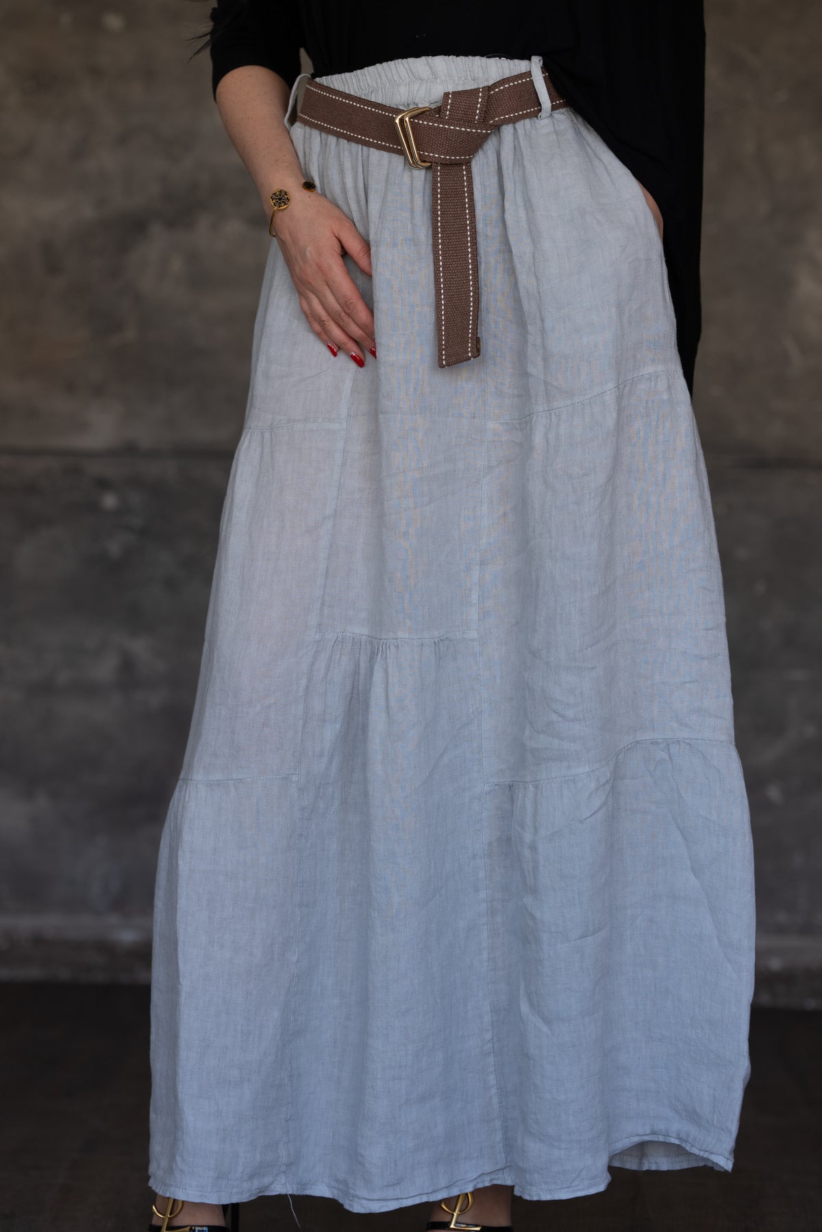 Light Grey Tiered Linen Maxi Skirt